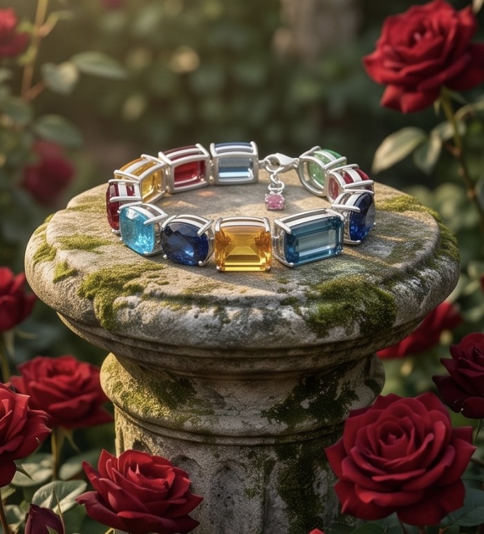 Tutti Frutti 49.5 CARAT MULTIGEM .925 Sterling Silver brilliantly handcrafted Bracelet - Bracelet on stone pedestal surrounded by red roses, angled top view.