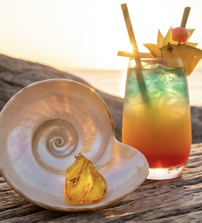 Dune Prehistoric Authentic Golden Baltic Amber .925 Sterling Silver beautifully handcrafted Pendant - Amber pendant in shell, beach backdrop, with colorful drink and sunset.