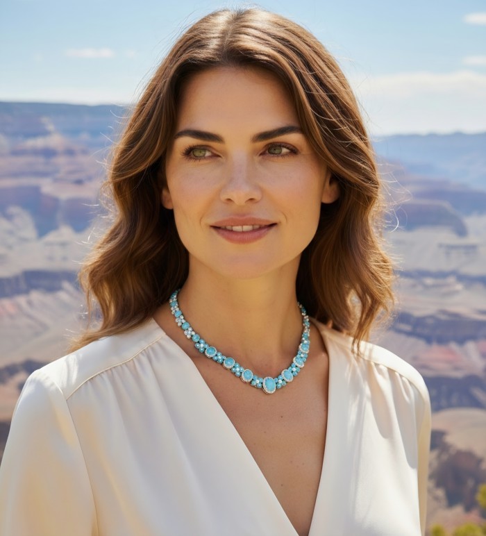 Blue Dreamland - Luxurious stabilized Turquoise .925 Sterling Silver handmade necklace - Woman wearing Blue Dreamland turquoise necklace, outdoor portrait.