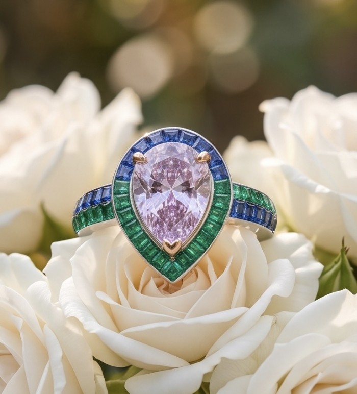 Emily - Art Deco - Precious genuine 9.8 carat Kunzite rhodium over .925 Sterling Silver handcrafted ring size 7 - Kunzite ring close-up on white roses, blue and green accents visible.