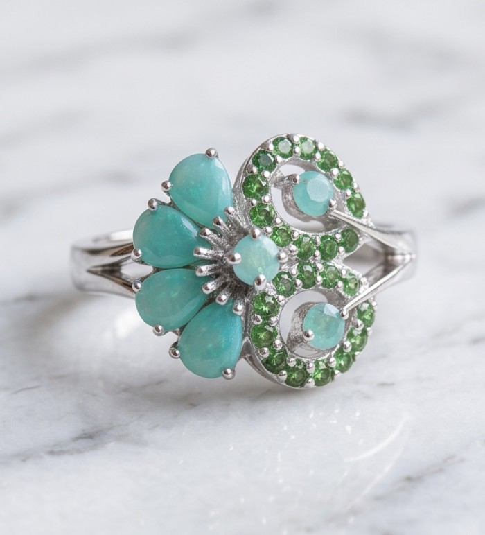 Elizabeth oval cut 4.8 carat Colombian Emerald .925 Sterling Silver dipped in Rhodium handcrafted Ring size 9 - Emerald and turquoise ring close-up on marble surface
