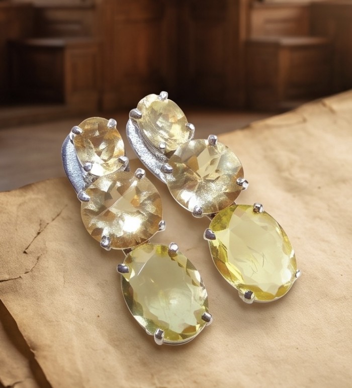 Victoria Authentic 14.2 carat Brazilian Citrine .925 Sterling Silver brilliantly handcrafted Statement earrings - Earrings with Brazilian citrines, front angle on a rustic background.