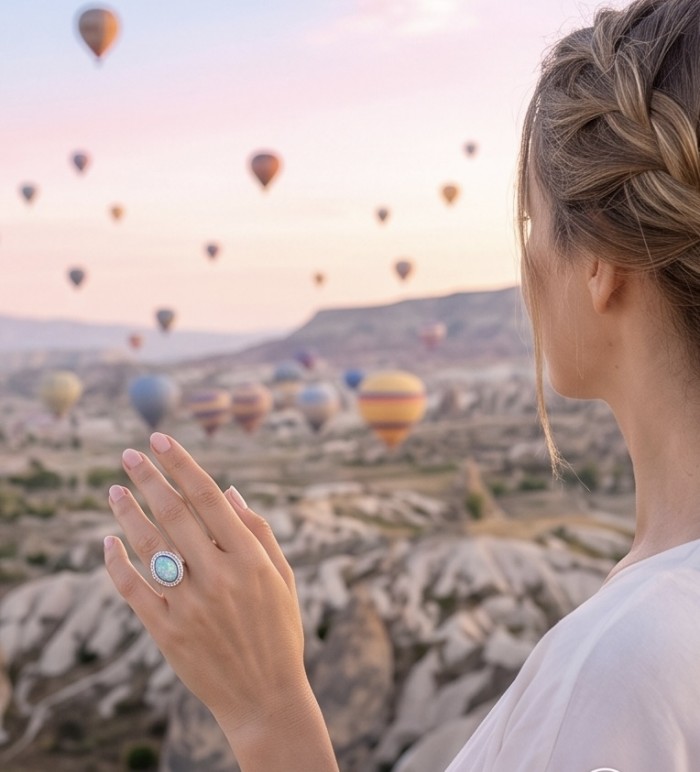 Endless Ocean Genuine 14.5 carat doublet Australian Opal .925 Sterling Silver handmade Ring size 6 - Endless Ocean Opal ring worn on hand with hot air balloons in background.