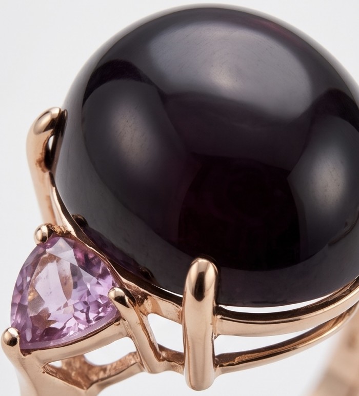 Cherry-Pick Natural 28.4 carat Mozambique Ruby .925 Sterling Silver dipped in 22K Gold handmade Large Statement Ring size 7 1/2 - Close-up of ring with Mozambique ruby and pink gemstone accents