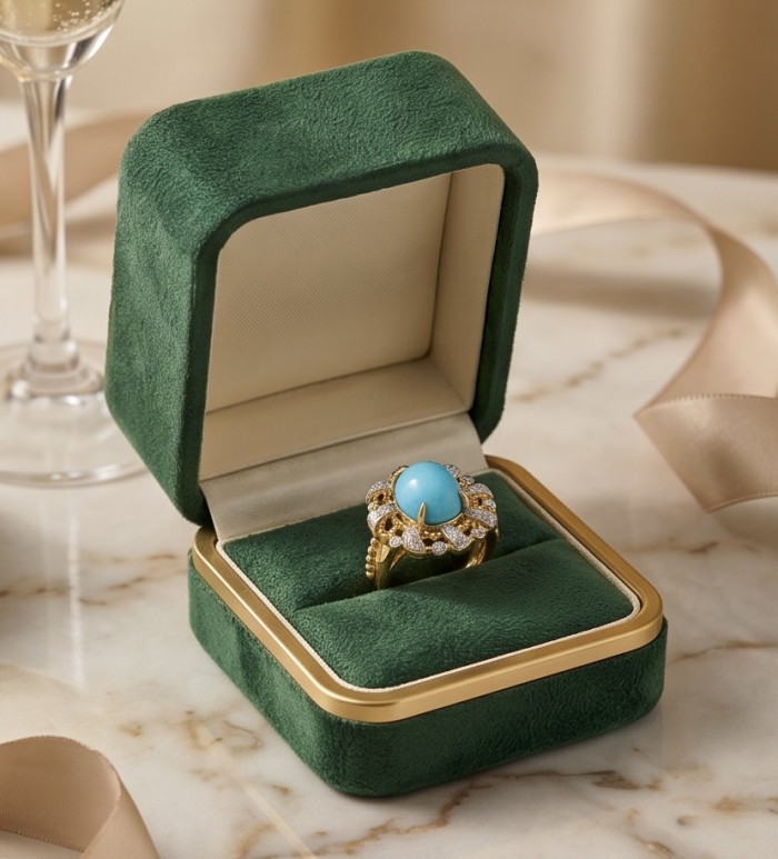 Sofia - authentic Sleeping Beauty Turquoise 22K Gold over .925 Sterling Silver handcrafted Statement Ring size 6 - Sleeping Beauty Turquoise gold ring in green box on marble table