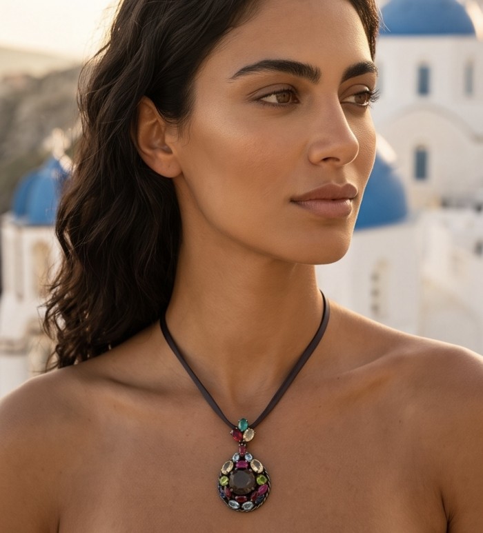 Conqueror Authentic 9.5 carat carved 10.8 CARAT Smoky Topaz black rhodium over .925 Sterling Silver handmade Statement Pendant - Side view of necklace with 10.8 carat smoky topaz worn by model.