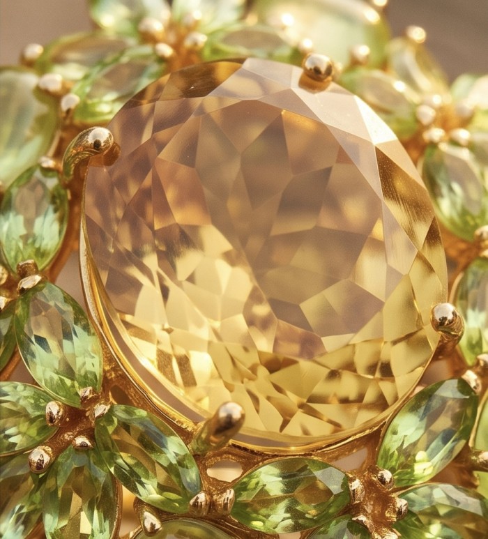 Vivien - Natural 19. 2 carat Citrine .925 Sterling Silver dipped in 18K Gold handcrafted Statement ring; s. 5 - Close-up of Vivien 19.2 ct Citrine and Peridot set in .925 sterling silver