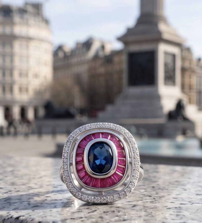 Art Deco 8.6 ctw Sapphire Ruby Rhodium plated .925 Sterling Silver handcrafted Statement Ring size 8 - Close-up of Art Deco sapphire and ruby ring on a marble surface.