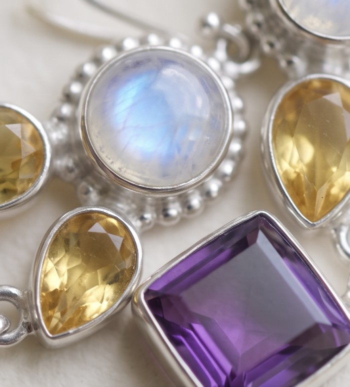 Fiesta Authentic 16.5 carat Multigem .925 Sterling Silver dipped in Rhodium handcrafted earrings - Close-up of multigem stones in sterling silver setting