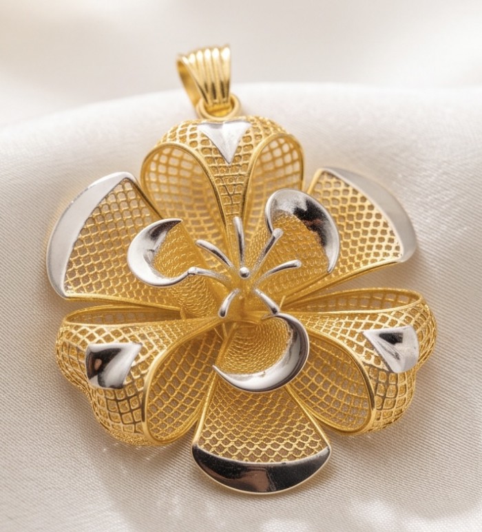 Dubai Style - Blooming Golden Rose .925 Sterling Silver dipped in 22K Gold handmade Pendant - Golden rose pendant, front view, intricate mesh design with silver accents