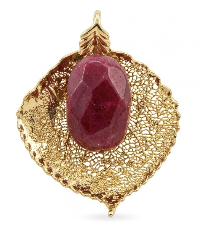 REAL Leaf dipped in copper Ruby stone 22.2 Golden Topaz & .925 Sterling Silver Pendant - Leaf pendant with ruby stone, top view, gold texture detail.