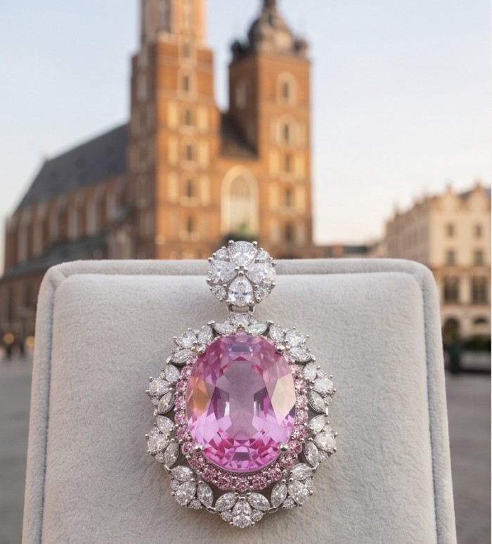 Tiffany Incredible oval cut 20.4 carat Pink Sapphire .925 Sterling Silver handcrafted pendant - Close-up of Tiffany pink sapphire pendant with diamond accents