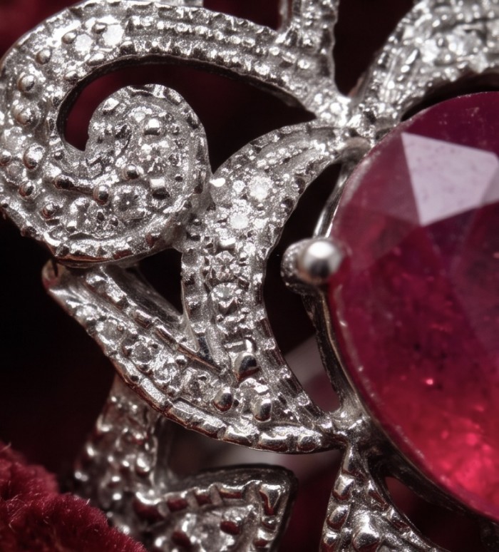 Bella Rosa Genuine 5.5 CARAT Ruby rhodium over .925 Sterling Silver Statement Ring size 6 1/4 - Close-up of intricate rhodium and ruby detail on jewelry piece.