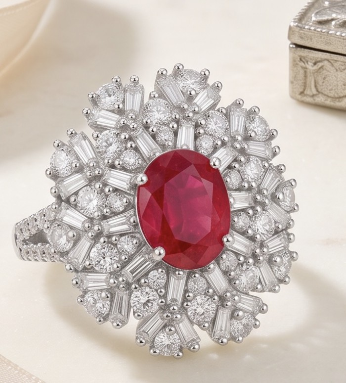Bella Rosa Genuine 5.5 CARAT Ruby rhodium over .925 Sterling Silver Statement Ring size 8 - Ruby ring close-up on table, detailed diamond and rhodium setting