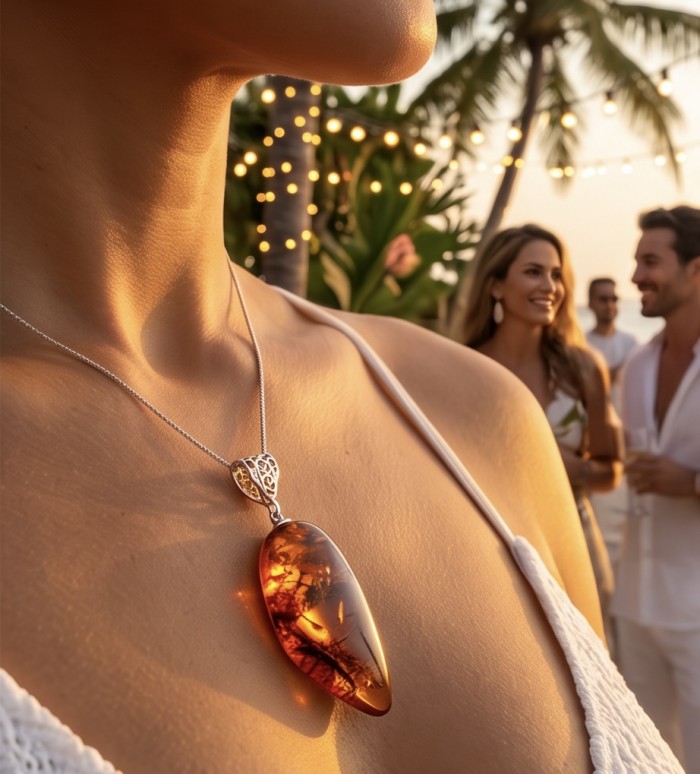 Prehistoric Authentic Golden Baltic Amber .925 Sterling Silver beautifully handcrafted Pendant - Stone close-up of Amber pendant on neck at sunset party.