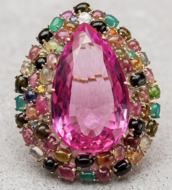 An exuberantly Large 69.8 grams Vintage style Pink Sapphire 44.2 Brazilian Tourmaline .925 Sterling Silver handmade LARGE Pendant - Brooch - Close-up of a pink sapphire surrounded by multicolored gemstones