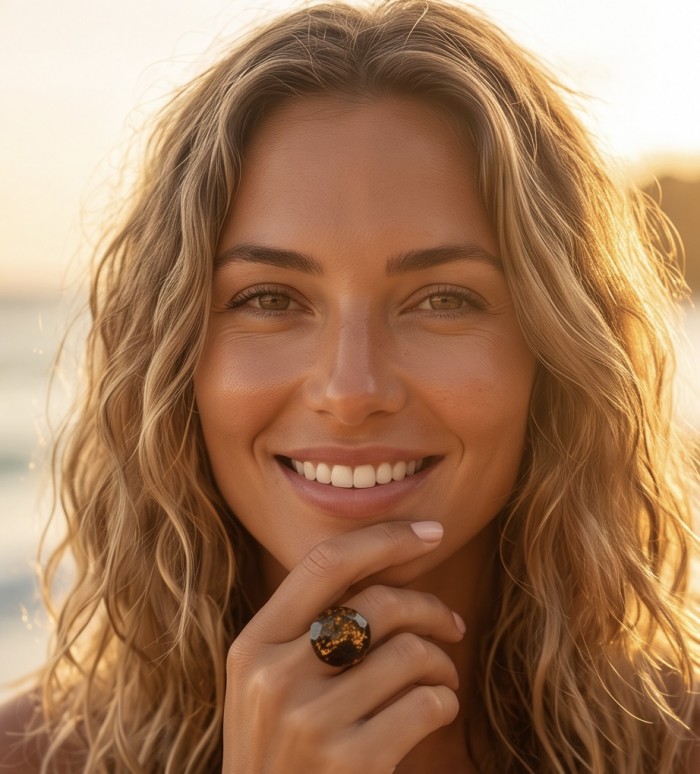 Sunset Authentic Baltic Amber rhodium over .925 Sterling Silver handcrafted ring; s. 7 adjustable - Woman wearing Sunset Baltic Amber ring with a smile at sunset.
