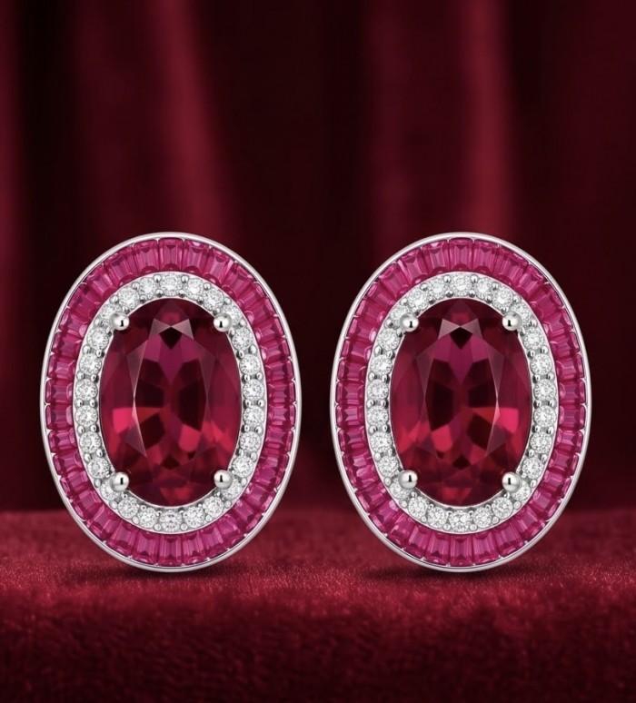 Precious - Art Deco 10.2 carat Ruby .925 Sterling Silver handmade earrings - Close-up of ruby earrings with silver and diamond accents.