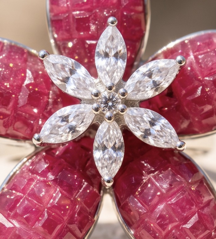 Scarlett mystery setting 9.7 ctw Mozambique Ruby .925 Sterling Silver dipped in rhodium handcrafted Statement Ring size 6 - Close-up of Scarlett ring with rubies and diamonds in floral design