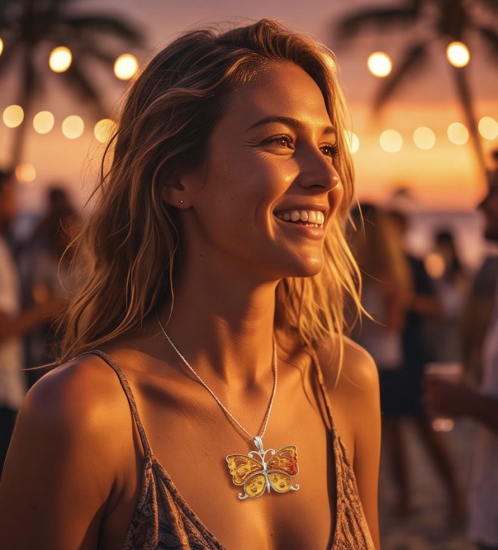 Golden Authentic carved Baltic Amber .925 Sterling Silver handcrafted pendant - Woman wearing butterfly amber necklace at sunset beach party