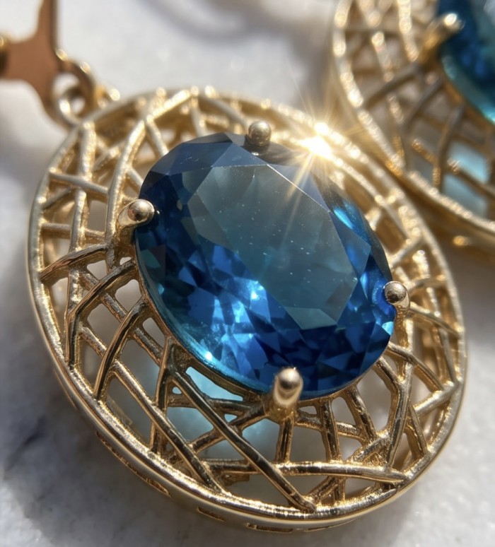 Andrea 8.5 carat Aquamarine .925 Sterling Silver dippedin 18K Gold handmade earrings - Close-up of Andrea 8.5 carat aquamarine in sterling silver setting.