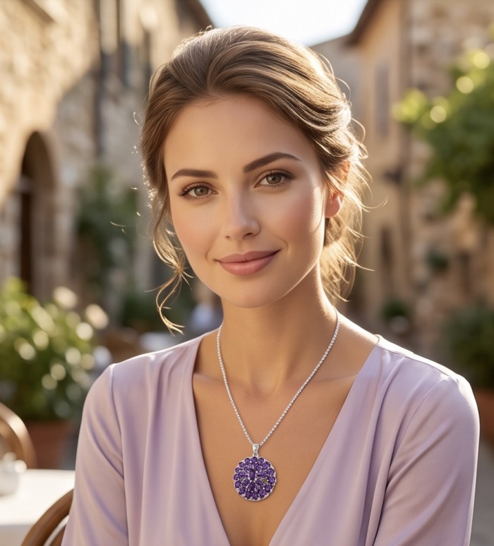 Mademoiselle - 18.5 carat natural Amethyst .925 Sterling Silver dipped in rhodium handcrafted Pendant - Amethyst pendant on model, street background, close-up view