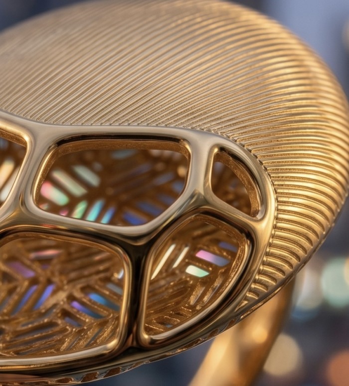 Dubai Style .925 Sterling Silver dipped in 22K Gold handmade Large ring size 9 - Close-up of intricate gold ring with geometric cutout design.