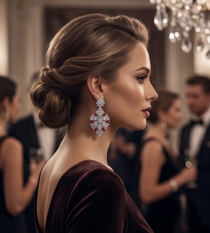 Isabella - Beauty of Nature- natural 27.5 carat Ruby Rhodium over .925 Sterling Silver handmade Statement earrings - Side view of woman wearing Isabella Ruby Rhodium earrings at an event.