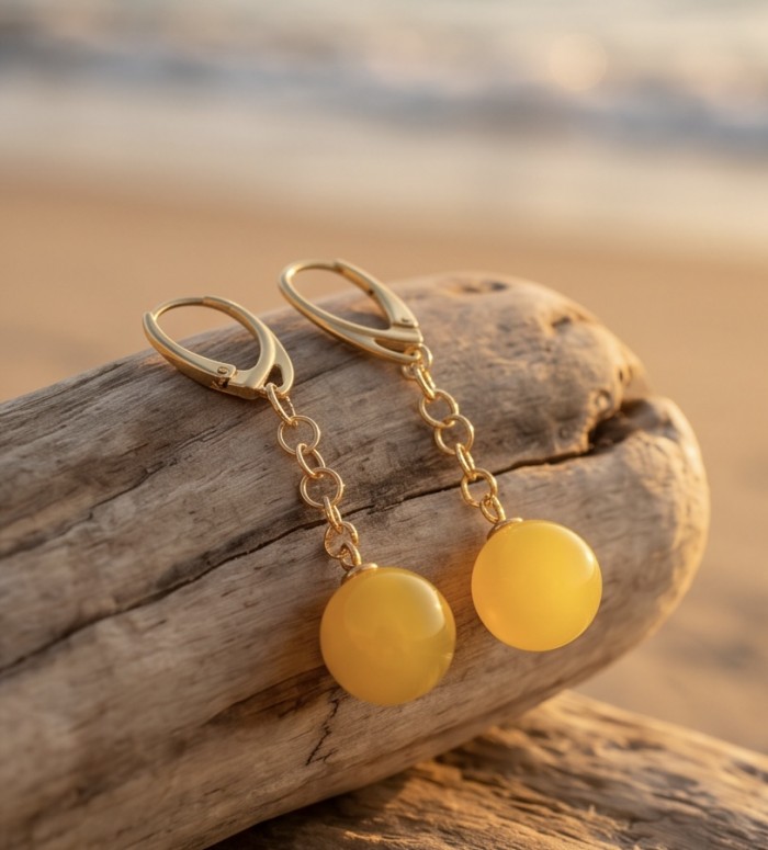 Very Special product - Wonderful Butterscotch Baltic Amber .925 Sterling Silver DIPPED IN 18k Gold entirely handcrafted earrings - Butterscotch Baltic Amb earrings on driftwood, beach background