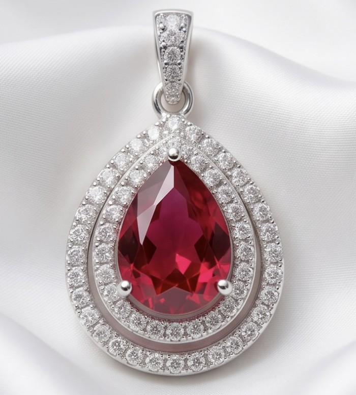 Art deco - Natural 3.8 carat Mozambique Ruby .925 Sterling Silver Handcrafted Pendant - Close-up of art deco ruby pendant with diamond accents on white fabric.