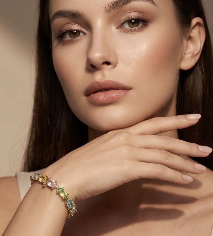 Tutti Frutti 32.5 CARAT MULTIGEM 18K Gold over .925 Sterling Silver brilliantly handcrafted Bracelet - Woman wearing Tutti Frutti bracelet, close-up with multicolor gemstones.