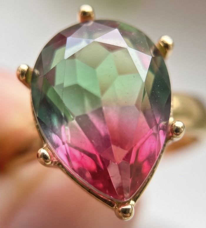 6.8 carat Brazilian Tourmaline .925 Sterling Silver dipped in 18K Gold Perfectly handcrafted Ring s. 8 - Close-up of a 6.8 carat Brazilian Tourmaline ring in gold setting.