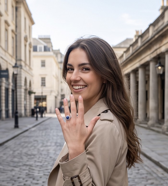 Stella oval cut 14.5 carat Sapphire .925 Sterling Silver handmade Statement ring size 7 - Woman wearing Stella sapphire ring, 14.5 carat, on hand in street view.