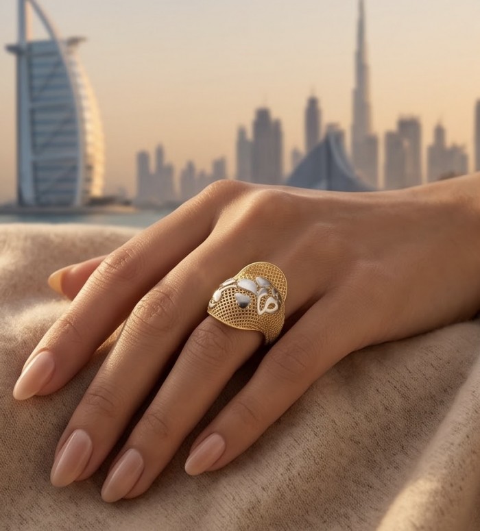 Dubai Style - .925 Sterling Silver dipped in 22K Gold handmade Large ring size 9 1/2 - Dubai Style gold ring worn on hand with cityscape background