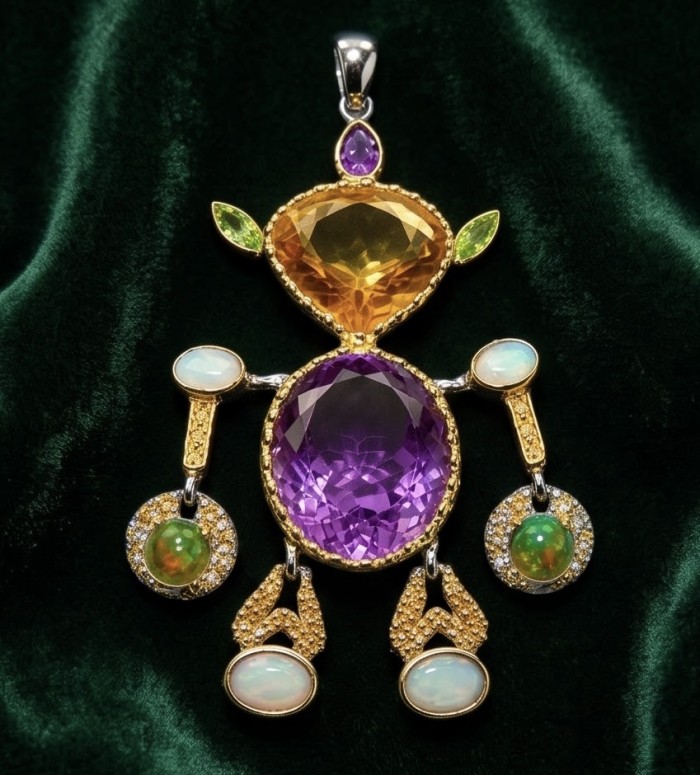 My precious Humanoid Friend 44.6 carat GEMSTONES 18k Gold over .925 Sterling Silver dipped in Rhodium handmade Pendant - Humanoid-shaped pendant, gemstone close-up on velvet background.
