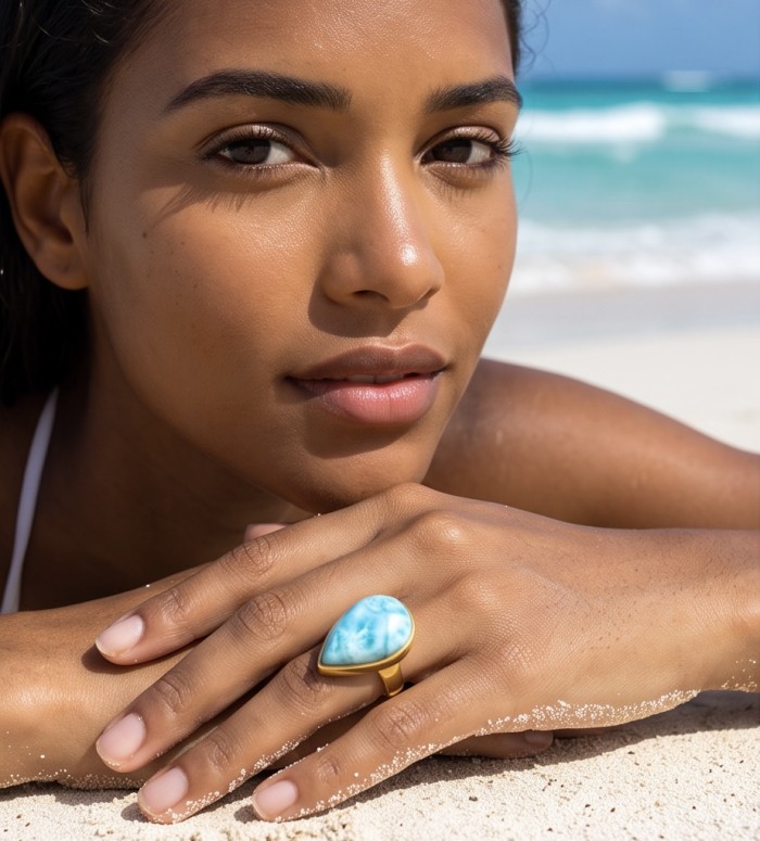 Blue Perfection 22.9 carat natural Larimar .925 Sterling Silver dipped in 18K Gold handmade Large ring size 8 adjustable - Larimar ring worn on hand, beach background.