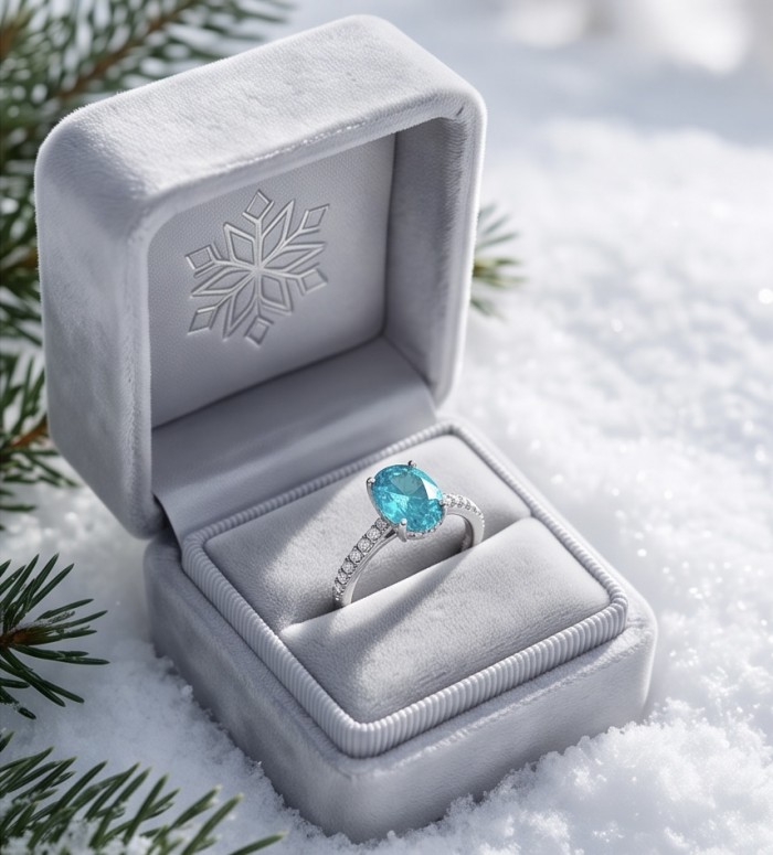 Wonderland 4.1 carat Paraiba Tourmaline .925 Sterling Silver Handcrafted Ring size 8 1/4 - Paraiba Tourmaline ring in box on snow, top view with snowflake detail