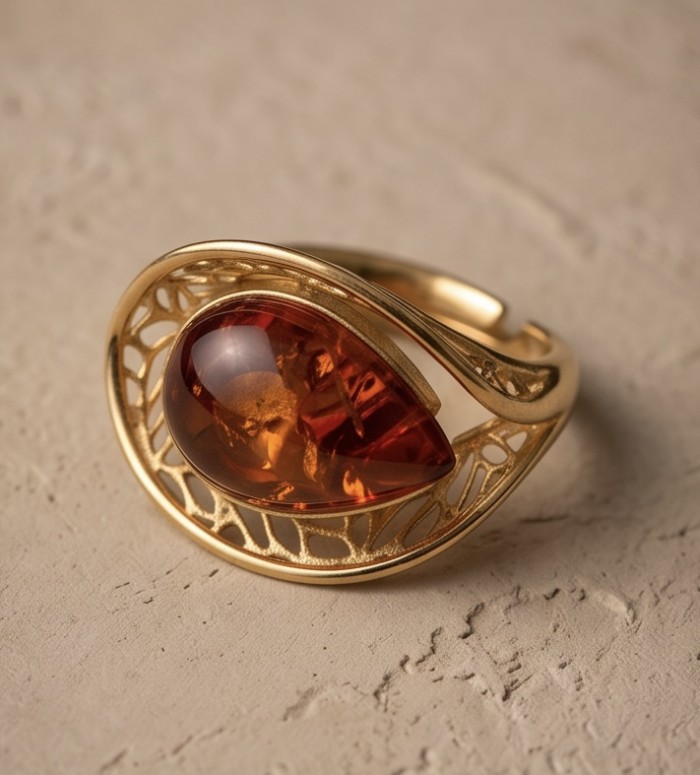 Authentic Baltic Amber 14K Gold over .925 Sterling Silver handcrafted ring; s. 7 adjustable - Authentic Baltic amber ring in 14K gold, front angle view