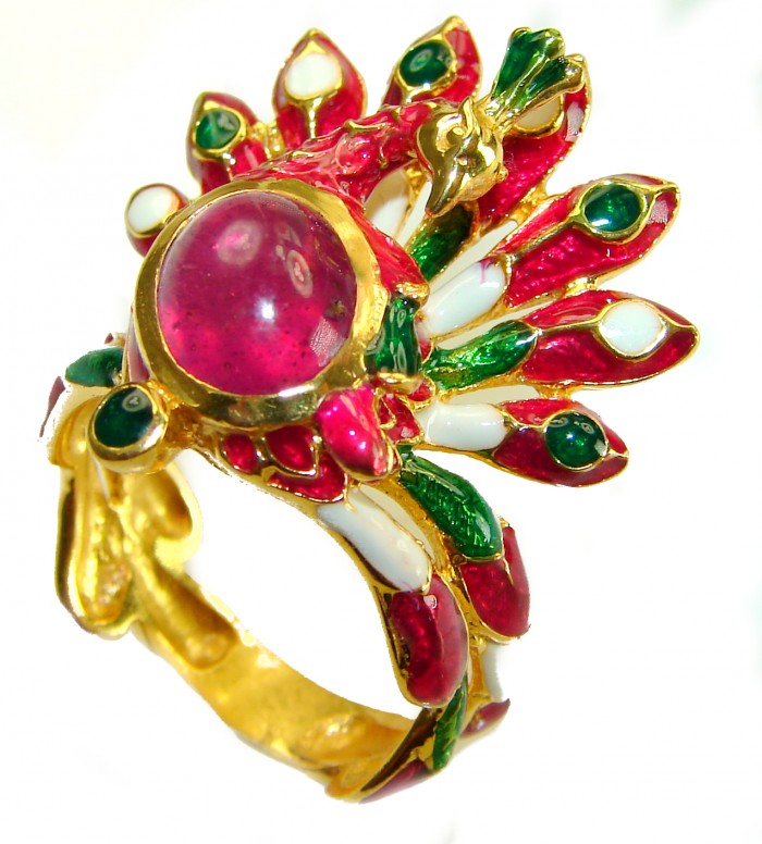 Red peacock 3.3 carat Ruby Enamel 18K Gold over .925 Sterling Silver Huge handcrafted Ring s. 7 - Side view of red peacock ruby enamel ring with 18K gold over silver.