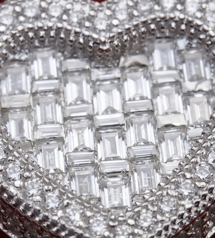 Art Deco Precious Heart - 10.5 carat White Sapphire .925 Sterling Silver Handcrafted Statement Ring size 7 1/2 - Close-up of Art Deco heart with white sapphire and silver details
