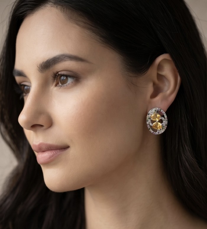 Vivien Luxurious Style - Natural 9.7 carat Citrine .925 Sterling Silver dipped in rhodium handmade earrings - Side view of Vivien Luxurious Style earrings worn on a model.