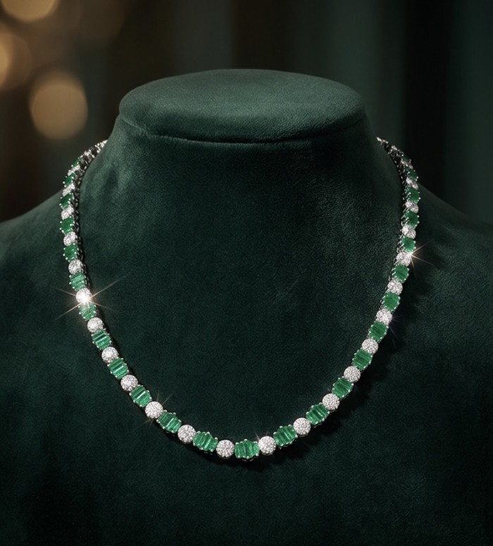 Art Deco 12.4 carat Emerald .925 Sterling Silver handcrafted Statement necklace - Emerald necklace on display bust, front view, Art Deco style.