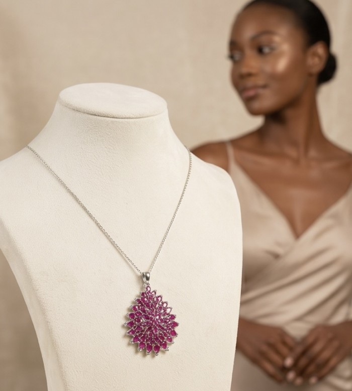 Rare 22.2 carat authentic Kashmir Ruby rhodium over .925 Sterling Silver handmade Statement Pendant - Kashmir Ruby necklace on display with blurred model in background