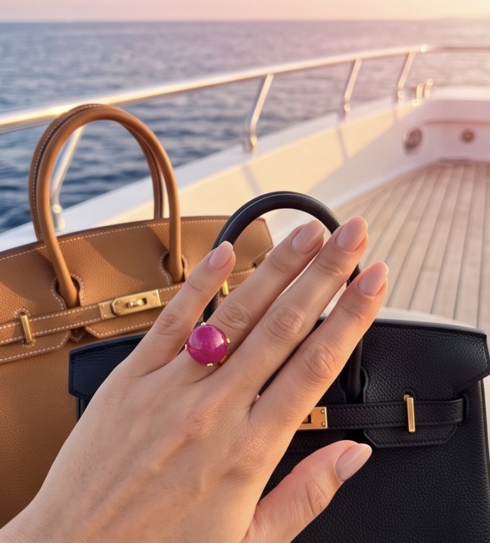 Scarlett 12.7 ctw Mozambique Ruby .925 Sterling Silver dipped in 22K Gold handcrafted Statement Ring size 4 1/2 - Ruby ring worn on hand with luxury bags in the background.