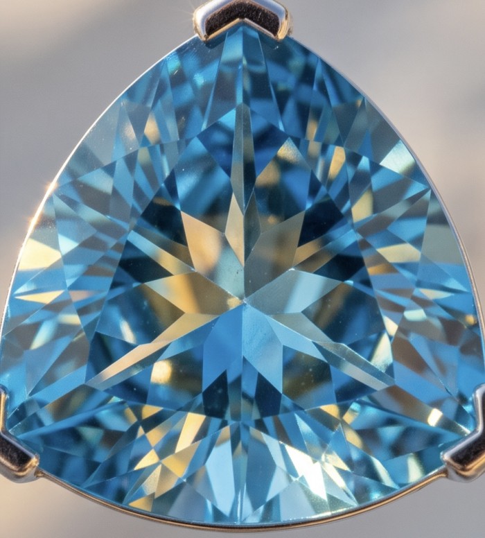 Trillion cut 28.5 carat Vintage style Swiss Blue Topaz .925 Sterling Silver DIPPED IN RHODIUM handmade Pendant - Close-up of trillion cut Swiss Blue Topaz in vintage style setting.