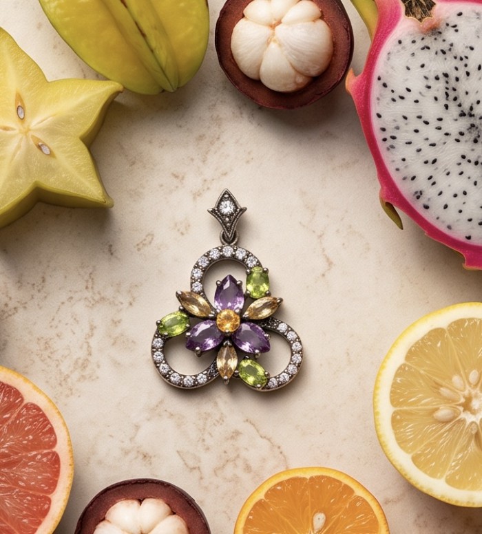 Divine creation 14.8 carat Precious Amethyst .925 Sterling Silver dipped in black rhodium handcarfted Pendant - Pendant with gemstones surrounded by exotic fruits, top view.