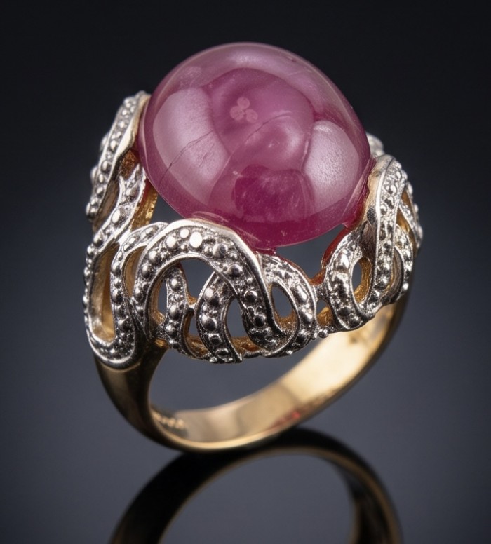 Bella Rosa Genuine 21.5 CARAT Mozambique Ruby 18K Gold over .925 Sterling Silver Large Statement Ring size 6 1/4 - Close-up of Bella Rosa 21.5 carat ruby ring in 18K gold with intricate design