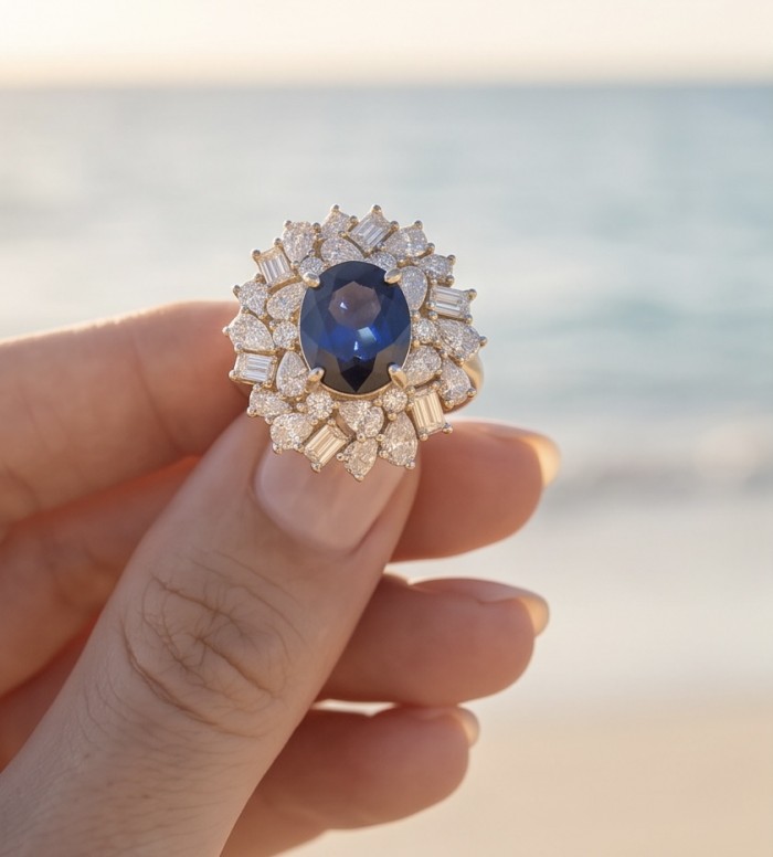 Authentic 5.5 carat Kyanite Moissanite .925 Sterling Silver handcrafted Ring size 5 1/4 - Close-up of kyanite ring with moissanite accents by the beach