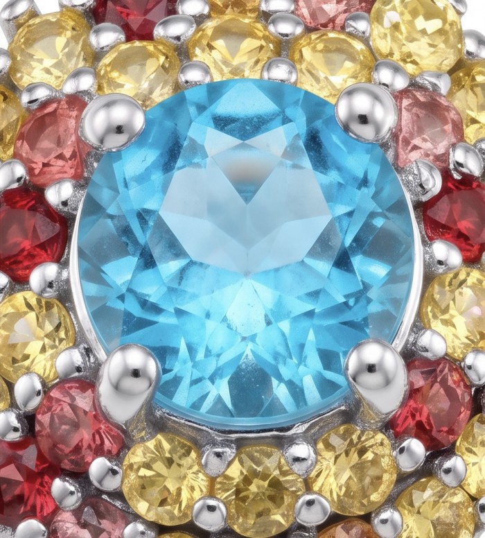 Atlantica 2.8 carat Swiss Blue Topaz .925 Sterling Silver dipped in rhodium handcrafted ring size 7 - Close-up of Atlantica Swiss Blue Topaz with red and yellow accents