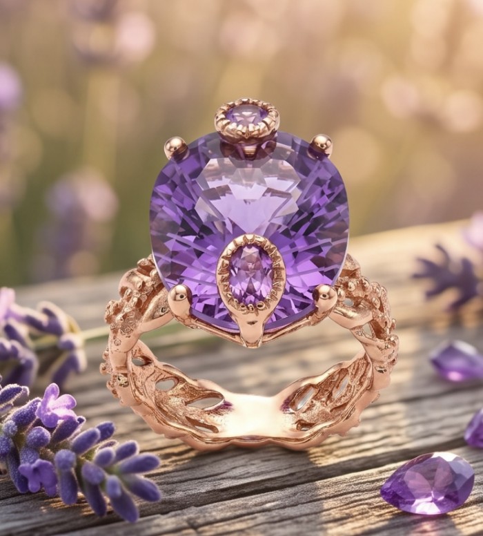 Purple ODYSSEY - Top quality 14.5 carat Amethyst .925 Sterling Silver dipped in 18K Gold Handcrafted Ring size 8 - Close-up of Purple ODYSSEY Amethyst ring on rustic wood background.